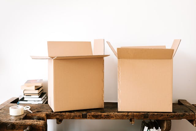 moving boxes on a wooden table